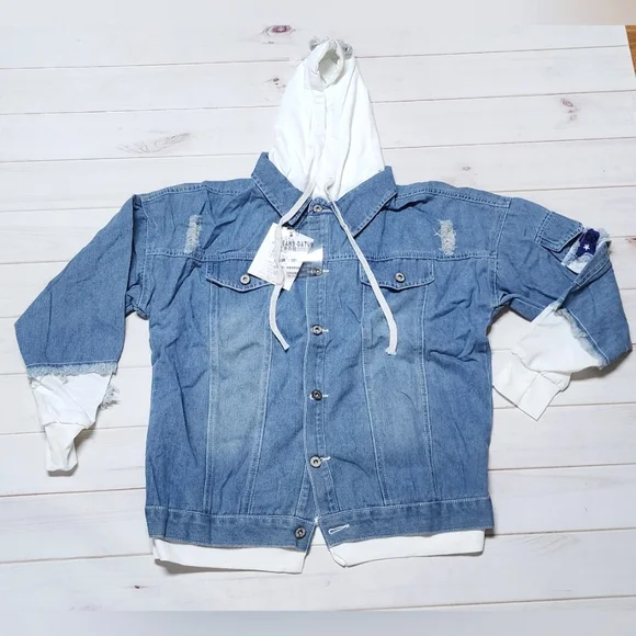 NWT Streetwear Hooded Distressed Denim Jacket with Patches - Size XXL - Picture 5 of 10